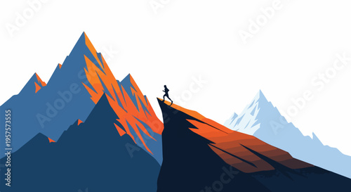 Silhouette of a person standing on a mountain peak at sunset.