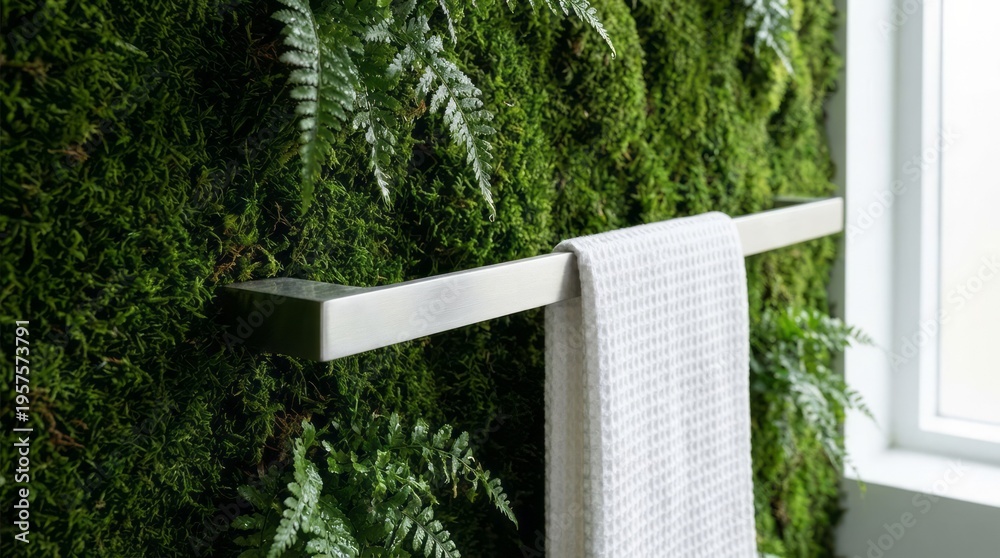 Fototapeta premium Modern Bathroom with Green Wall and Towel Bathroom Green Wall Moss Towel Rack Interior Design Modern Decor Nature. Concept featuring bathroom, green wall, moss, towel rack, interior design for prof...