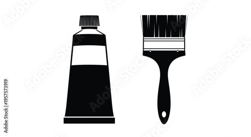 Black and white illustration of paint tube and brush