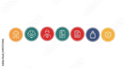 A row of colorful circular icons representing logistics and business concepts