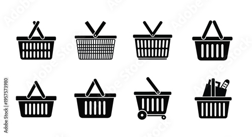 Collection of shopping basket icons in a simple black and white style