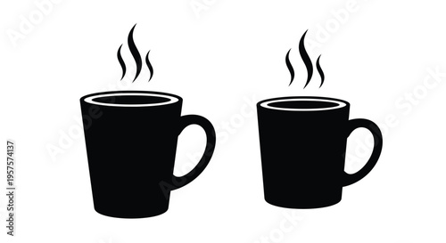 Two black coffee cups with steam rising simple graphic illustration