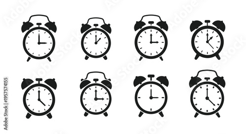 Collection of black silhouette alarm clocks displaying various times