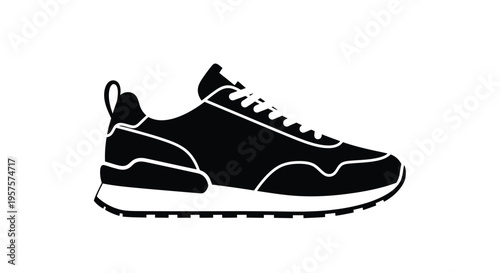Black and white silhouette of a running sneaker on a white background