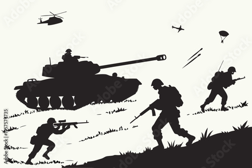 A black silhouette illustration of soldiers and military vehicles in combat, with a helicopter and airplane flying overhead.