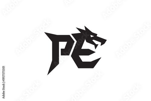 Dynamic pe logo featuring a fierce dragon head integrated with bold typography