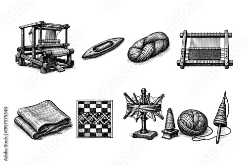 Vintage textile tools and materials displayed in a detailed engraving style