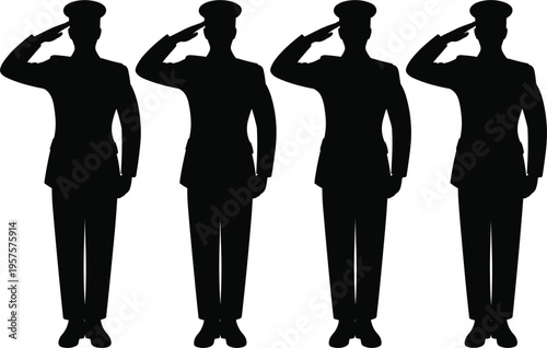 Set of four saluting soldier silhouettes, flat vector illustration of military personnel in formal uniform parade