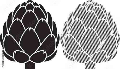 Artichoke depicted in contrasting geometric and detailed pixelated styles