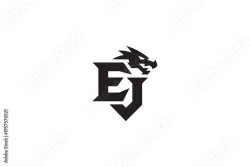 Ej logo design featuring a fierce dragon head integrated with bold letterforms