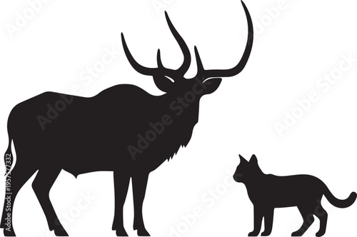 Black silhouette illustration of elk with antlers facing domestic cat symbolizing contrast between wild animal and household pet design