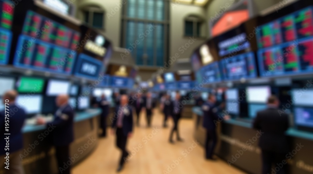 Obraz premium Blurry motion of traders working in a busy stock exchange with digital displays 