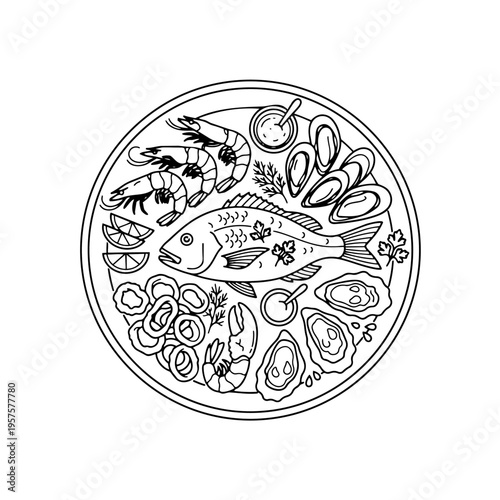A vintage black silhouette pizza vector illustration on a round plate, featuring a circular ornament design as a decorative art element or sign icon isolated on a white background