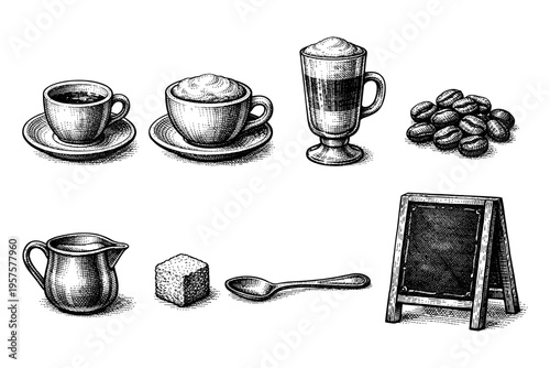 Vintage illustration of coffee shop elements including cups, beans, and a chalkboard