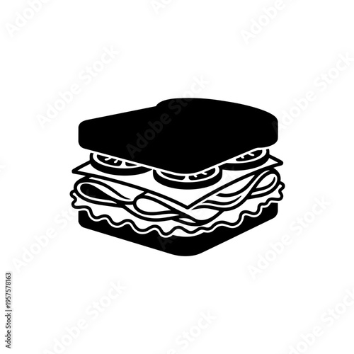 A vector illustration of a pair of hats in white and black isolated on a white background near a cartoon fast food meal featuring a beef burger sandwich with meat and cheese