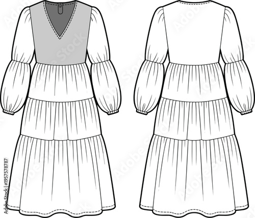 Fashion technical sketch of tiered maxi dress with puff sleeves, v-neck front, and back view, flat vector illustration drawing