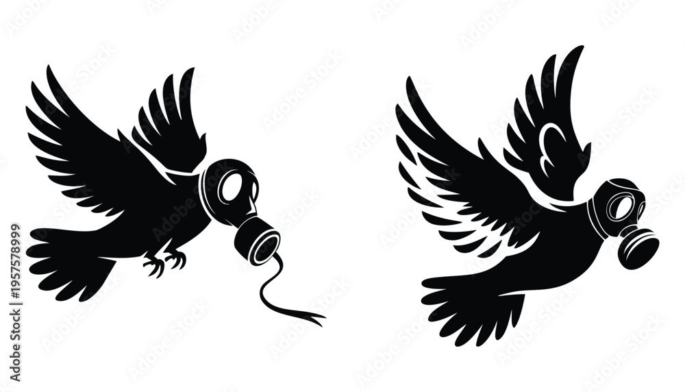 Fototapeta premium Environmental pollution concept illustration of a bird flying with a gas mask