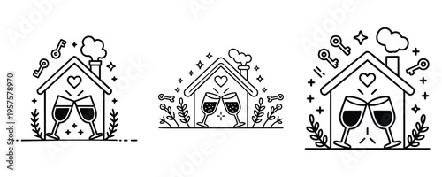Housewarming celebration icons set with home, wine glasses, keys and heart symbols