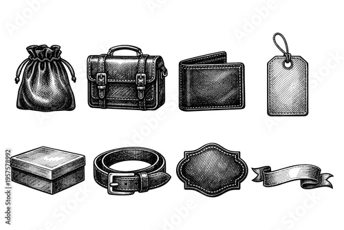 Collection of vintage leather accessories and packaging elements in a sketch style