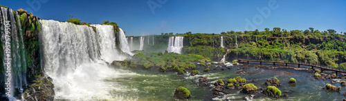 Iguazu Falls Brazil wide panorama of powerful cascades green jungle islands and misty subtropical landscape