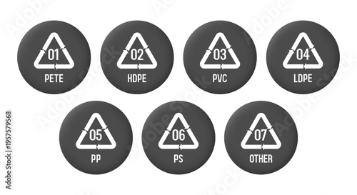 Classification of plastics. Plastic marking. Plastic recycling codes. Vector 3d icon set.