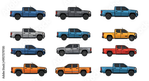 A comprehensive collection of various modern pickup truck models, displayed in a neat grid pattern, featuring diverse body styles and vibrant colors such as blue, gray, orange, and red, isolated 
