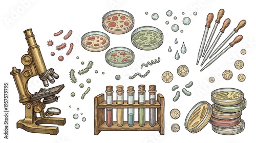 Vintage Microbiology Laboratory Equipment Illustration with Microscope, Petri Dishes, Test Tubes, and Bacteria