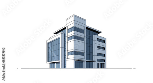 Modern Office Building Architecture, Contemporary Design, Glass Facade, White Background
