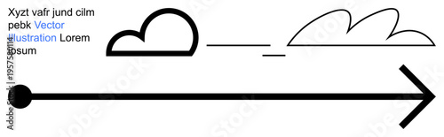 Direction, progress, navigation, data flow, conceptual design, corporate strategy. Stylized arrow with abstract clouds and minimal text elements. Direction and progress concepts illustrated clearly