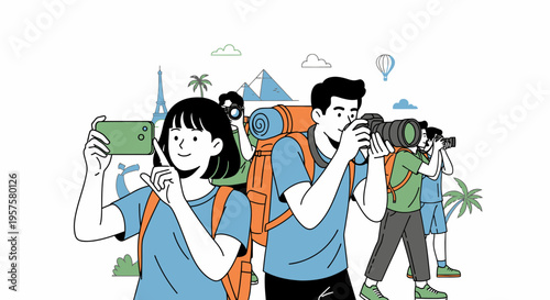 Travelers photographing landmarks, exploring destinations with backpacks and cameras