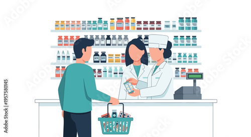 Customer at Pharmacy Counter with Pharmacist and Shelves of Medicine