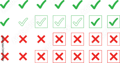 Checkmarks and crosses symbols in various colors and boxes