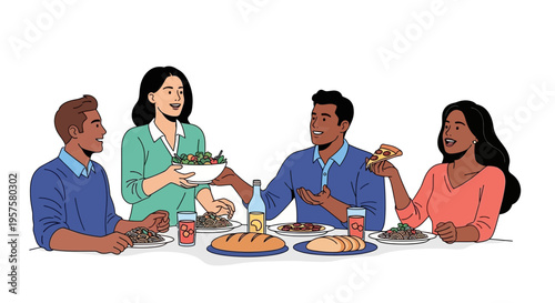 Diverse Friends Enjoying a Meal Together at a Table, Sharing Food and Conversation