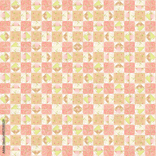 Vintage patchwork quilt pattern with floral fabrics and soft pastel tones, handcrafted texture, cozy and charming design, perfect for backgrounds, textiles, and craft projects.