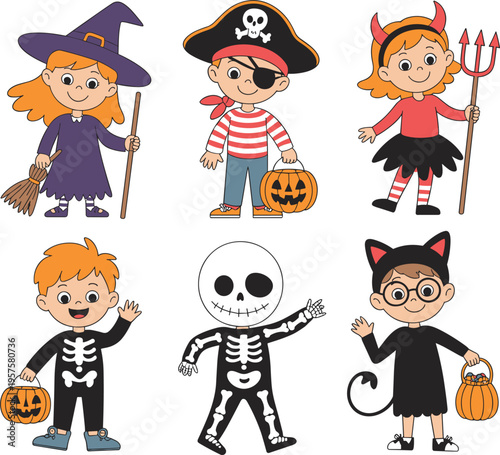Set of six children in Halloween costumes, flat vector illustration of witch, pirate, devil and skeleton