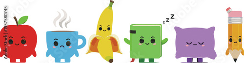 Cartoon anthropomorphic apple, banana, coffee mug, book, pillow, and pencil characters, colorful vector illustration symbolizing education, creativity, personality, and playful learning concepts