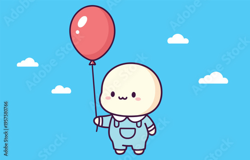 Cartoon child character in blue overalls holding red balloon under bright sky with clouds, colorful vector illustration symbolizing playfulness, joy, and children’s learning concepts