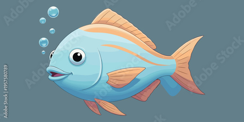 Cartoon fish with blue body and orange fins underwater with bubbles, colorful vector illustration symbolizing playfulness, creativity, children’s learning, and aquatic animal design concepts