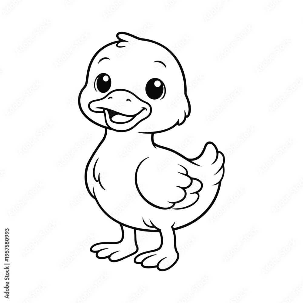 Fototapeta premium Cute Baby Duck Coloring Page Standing Pose Kawaii Style Kids Activity Black White Outline
