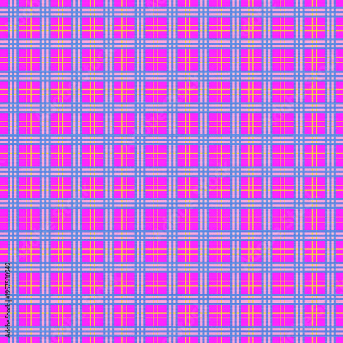 Bright magenta and blue plaid with neon yellow accents, dynamic and modern geometric design, ideal for backgrounds, fashion prints, and digital artwork.