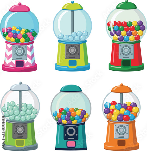 Set of six colorful gumball machine illustrations, flat vector icons of vintage candy dispensers for kids
