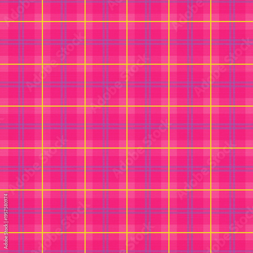 Vibrant pink plaid with yellow and purple accents, bold colorful design, perfect for eye-catching backgrounds, textiles, and trendy creative projects.