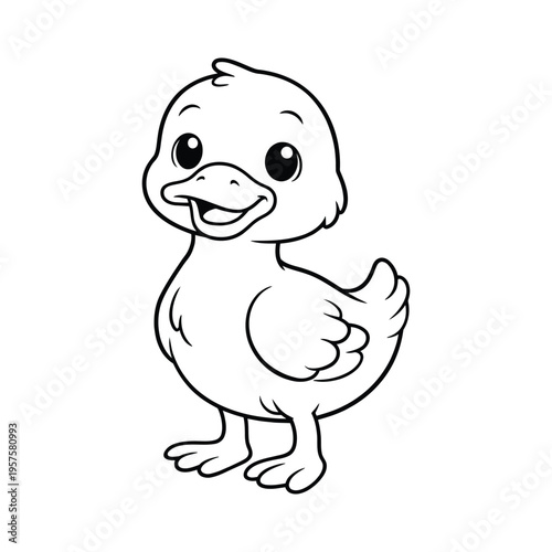 Cute Baby Duck Coloring Page Standing Pose Kawaii Style Kids Activity Black White Outline