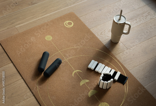 Fotografi Home workout and wellness setup with yoga mat, fitness accessories and water bot