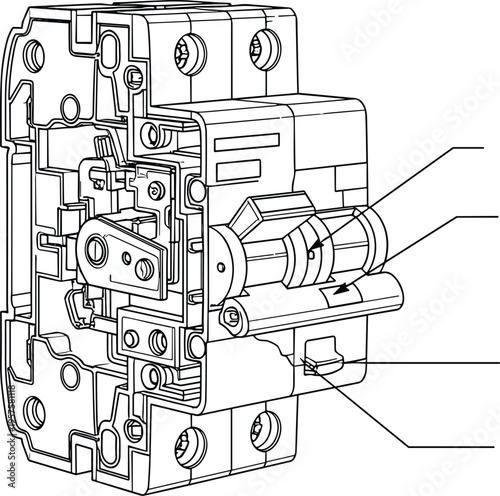 Circuit breaker technical drawing with exposed internal components, vector illustration for electrical engineering, distribution, and safety analysis