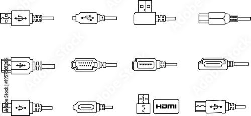 Collection of twelve black-and-white cable connector icons including USB types, HDMI, and specialized plugs for electronics and technology design.