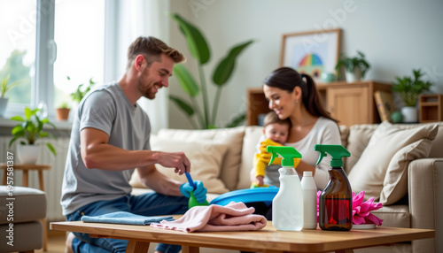 Sustainable family cleaning day at home using eco-friendly products for a greener future