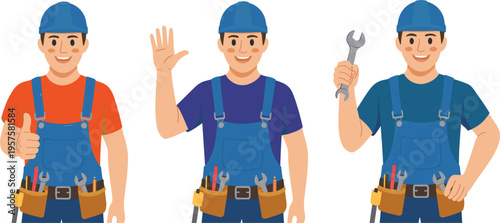 Set of professional handyman characters, smiling male repairman in overalls with tool belt and wrench illustration