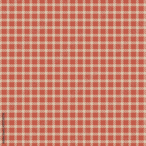 Warm red and beige gingham plaid seamless pattern with subtle diagonal accents. Classic textile design perfect for kitchen decor, picnic themes, and vintage-inspired prints.
