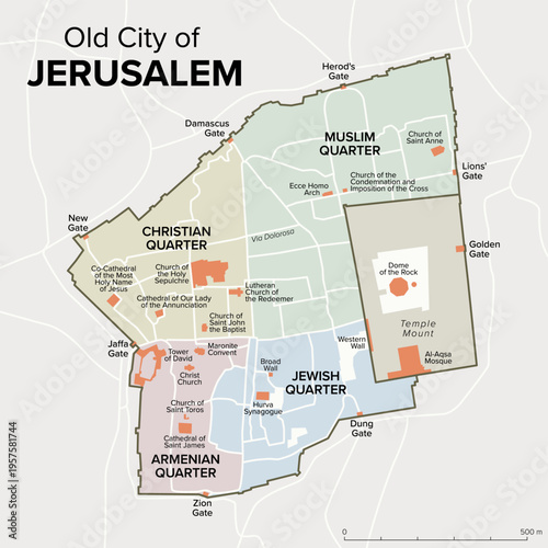 Old City of Jerusalem, political map. Walled area in East Jerusalem, divided into four uneven quarters, the Armenian, Christian, Jewish, and Muslim Quarter, with a fifth area, the Temple Mount. Vector